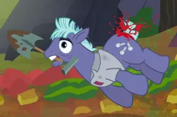 Size: 792x526 | Tagged: safe, derpibooru import, screencap, steel bolts, pony, the hooffields and mccolts, cropped, food, mccolt family, not blood, shovel, solo, tomato