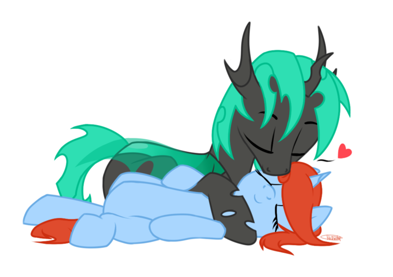 Size: 1024x720 | Tagged: safe, artist:kellythedrawinguni, derpibooru import, oc, oc:panic moon, oc:rallsy, unofficial characters only, changeling, pony, unicorn, changeling oc, cuddling, cute, female, green changeling, heart, interspecies, kissing, male, smiling, snuggling, straight