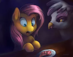 Size: 2200x1729 | Tagged: suggestive, artist:viwrastupr, derpibooru import, fluttershy, gilda, gryphon, circle of life, drool, food, herbivore vs carnivore, kitchen eyes, licking, licking lips, meat, tongue out