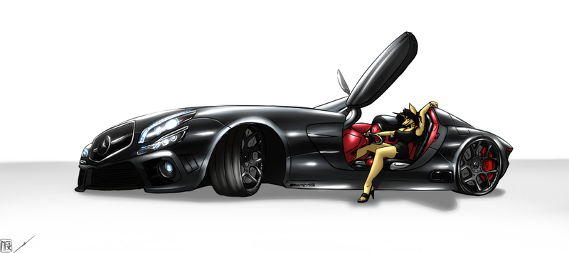 Size: 1280x569 | Tagged: safe, artist:metalfoxxx, derpibooru import, oc, oc:amber steel, unofficial characters only, anthro, unicorn, armpits, car, clothes, dress, female, high heels, mercedes-benz, solo, supercar, vehicle