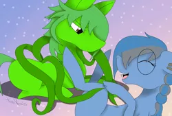 Size: 1600x1081 | Tagged: safe, artist:winter-hope-73011, derpibooru import, oc, oc:dark script, oc:lime tendril, unofficial characters only, bat pony, pony, tentacle pony, consentacles, cute, eyes closed, fangs, glasses, laughing, tentacles, tickling