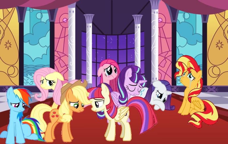 Size: 1024x646 | Tagged: safe, artist:wolfangelmoon, derpibooru import, applejack, fluttershy, moondancer, pinkie pie, rainbow dash, rarity, starlight glimmer, sunset shimmer, alicorn, pony, unicorn, fanfic, alicornified, moondancercorn, race swap, reaction image, sad, shimmercorn, starlicorn, that's the end of the series, the end, tragic, xk-class end-of-the-world scenario