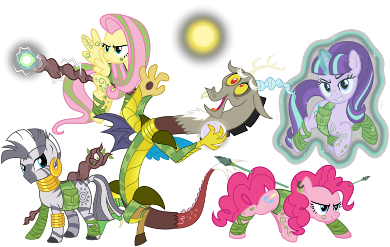 Size: 7500x4750 | Tagged: absurd resolution, alternate hairstyle, armor, arrow, artist:ggalleonalliance, artist:osipush, camouflage, derpibooru import, discord, ear piercing, earring, fluttershy, grin, heroes of might and magic, jewelry, legion of wildlife, levitation, magic, markings, piercing, pinkie pie, ponies of flight and magic, pouch, safe, self-levitation, simple background, smiling, smug, spear, staff, starlight glimmer, tattoo, telekinesis, transparent background, weapon, zebra, zecora