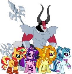 Size: 4500x4600 | Tagged: safe, artist:ggalleonalliance, artist:osipush, derpibooru import, adagio dazzle, aria blaze, lord tirek, sonata dusk, sunset shimmer, ponified, bat pony, pony, unicorn, absurd resolution, alternate hairstyle, armor, bat wings, bracelet, choker, glowing horn, heroes of might and magic, jewelry, lance, messy mane, necklace, ponies of flight and magic, slit eyes, spear, spiked choker, spiked wristband, the dazzlings, tribes from tatarus, weapon