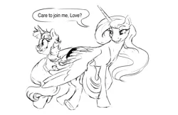 Size: 1280x828 | Tagged: suggestive, artist:silfoe, derpibooru import, princess luna, twilight sparkle, twilight sparkle (alicorn), alicorn, pony, other royal book, black and white, blushing, butt touch, dialogue, feathermarking, female, grayscale, lesbian, mare, messy mane, missing accessory, monochrome, shipping, simple background, sketch, speech bubble, twiluna, white background, wing hold