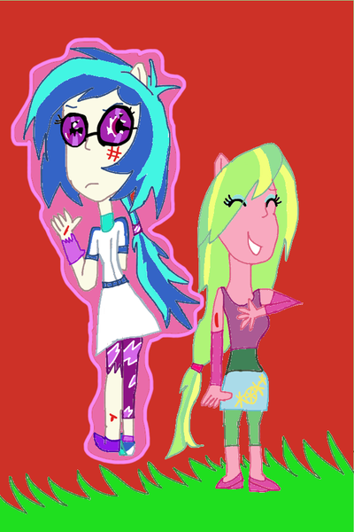 Size: 640x960 | Tagged: safe, artist:gouhlsrule, derpibooru import, lemon zest, vinyl scratch, equestria girls, abuse, ponied up, vinylbuse