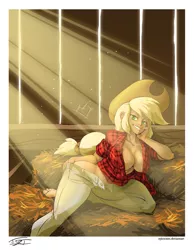 Size: 1023x1320 | Tagged: absolute cleavage, applebucking thighs, applebutt, applejack, artist:hardtones, barefoot, barn, body freckles, boob freckles, breasts, busty applejack, cleavage, clothes, derpibooru import, edit, editor:vanchees, feet, female, hay, human, human coloration, humanized, jeans, open mouth, pants, shirt, smiling, solo, solo female, suggestive