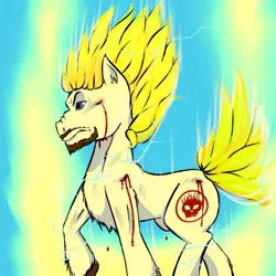 Size: 2000x2000 | Tagged: semi-grimdark, artist:thefluffyvixen, derpibooru import, oc, oc:zacharias, unofficial characters only, earth pony, pony, aura, beard, bleeding, blood, dragon ball z, facial hair, goatee, luffyiscool, solo, super saiyan, the offspring, youtuber