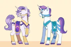 Size: 2986x2000 | Tagged: safe, artist:pikokko, derpibooru import, oc, oc:floret, oc:sauvignon blanc, unofficial characters only, pony, saddle arabian, unicorn, clothes, crossdressing, duo, moustache, offspring, parent:fancypants, parent:fleur-de-lis, parent:prince blueblood, parent:rarity, parents:fancyfleur, parents:rariblood, unshorn fetlocks