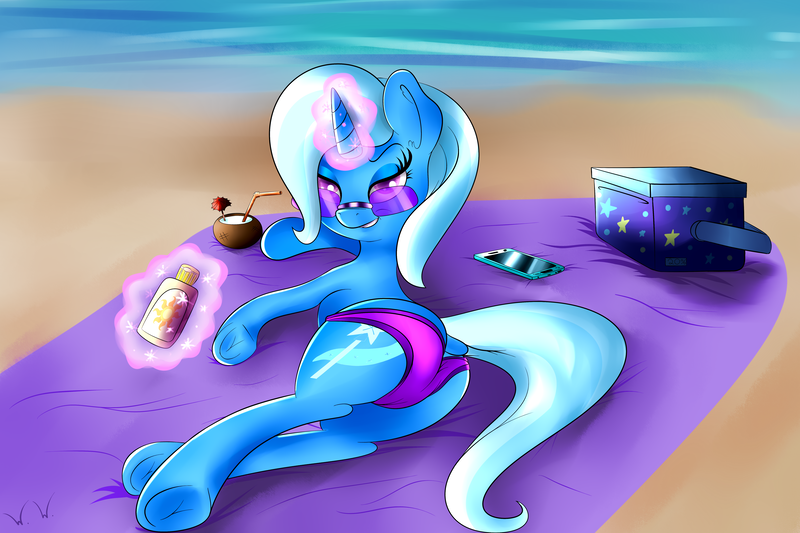 Size: 6000x4000 | Tagged: suggestive, artist:wilshirewolf, derpibooru import, trixie, pony, unicorn, absurd resolution, beach, bedroom eyes, bikini, clothes, cooler, female, levitation, lying down, magic, mare, phone, plot, side, solo, solo female, sunglasses, swimsuit, telekinesis, towel, underhoof