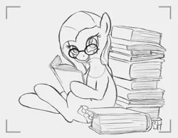 Size: 2614x2026 | Tagged: safe, artist:bustahoof, derpibooru import, oc, oc:phoebe, unofficial characters only, earth pony, pony, book, camera, glasses, monochrome, reading, smiling, solo