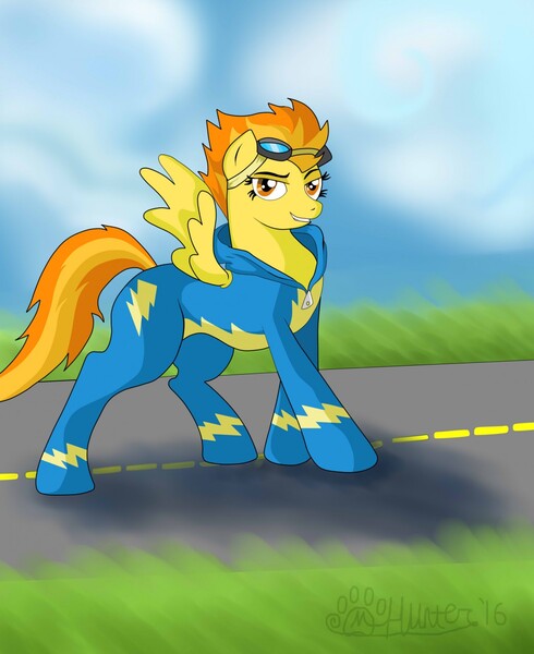 Size: 1046x1280 | Tagged: safe, artist:marcushunter, derpibooru import, spitfire, pegasus, pony, clothes, female, looking at you, mare, runway, smiling, smirk, solo, strutting, wonderbolts uniform