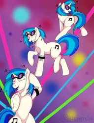 Size: 980x1280 | Tagged: safe, artist:marcushunter, derpibooru import, vinyl scratch, pony, unicorn, bipedal, dancing, ipod, mp3 player, plot, solo