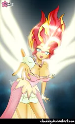 Size: 489x800 | Tagged: suggestive, artist:clouddg, derpibooru import, sunset shimmer, equestria girls, friendship games, artificial wings, augmented, big breasts, breasts, busty sunset shimmer, cleavage, clothes, daydream shimmer, dress, face paint, female, looking at you, magic, magic wings, open mouth, reaching out, sexy, signature, solo, solo female, take my hand, wings