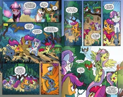 Size: 1183x930 | Tagged: safe, artist:tonyfleecs, derpibooru import, idw, apple bloom, bulk biceps, fluttershy, scootaloo, sweetie belle, twilight sparkle, twilight sparkle (alicorn), oc, oc:thom zahler, oc:tony fleecs, alicorn, bird, earth pony, pegasus, pony, rabbit, squirrel, tortoise, turtle, unicorn, ponies of dark water, spoiler:comic, spoiler:comic44, animal, comic, cutie mark crusaders, female, filly, flying, foal, forest, infected, male, mare, official comic, poison ivy, poison ivyshy, preview, red eyes, running, speech bubble, stallion, tyrant sparkle