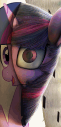 Size: 524x1080 | Tagged: animated, artist:chryseum, artist:equum_amici, cinemagraph, derpibooru import, edit, eye shimmer, fourth wall, looking at you, mind screw, nightmare fuel, open mouth, realistic, rotation, safe, side, smiling, solo, surreal, twilight sparkle, uncanny valley, what has magic done