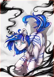 Size: 700x1000 | Tagged: safe, artist:hellythequeen, derpibooru import, oc, oc:umbra, unofficial characters only, zebra, zebracorn, colored pupils, commission, female, jewelry, lidded eyes, looking at you, necklace, shadow magic, solo