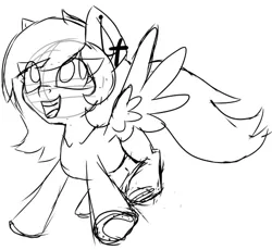 Size: 491x451 | Tagged: safe, artist:partylikeanartist, derpibooru import, oc, oc:windy spirit, unofficial characters only, pegasus, pony, collarbone, ear piercing, earring, female, flying, horseshoes, jewelry, looking up, monochrome, open mouth, piercing, sketch, smiling, solo, wip