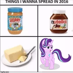 Size: 500x500 | Tagged: suggestive, artist:sollace, derpibooru import, starlight glimmer, pony, 2016, bedroom eyes, butter, food, glimmer glutes, imgflip, looking at you, looking back, meme, nutella, open mouth, peanut butter, plot, smiling