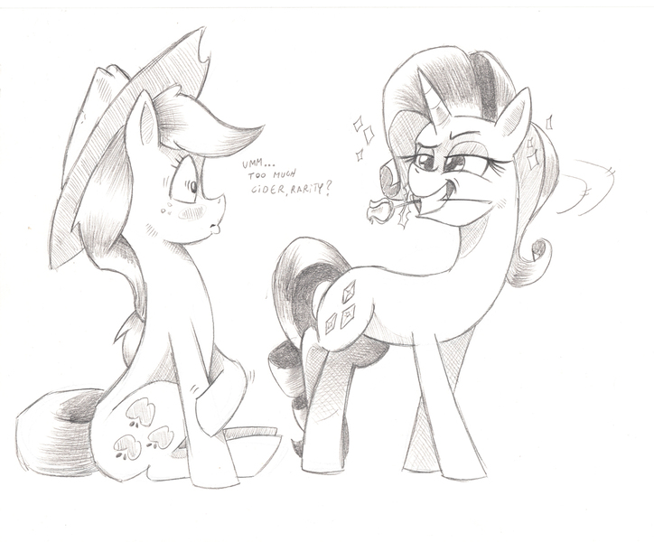 Size: 1078x893 | Tagged: safe, artist:saturdaymorningproj, derpibooru import, applejack, rarity, pony, female, flower, flower in mouth, grayscale, grin, lesbian, mare, monochrome, mouth hold, one sided shipping, rarijack, rose, shipping, simple background, smiling, traditional art