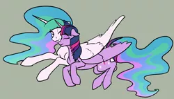 Size: 1967x1122 | Tagged: safe, artist:jykinturah, deleted from derpibooru, derpibooru import, princess celestia, twilight sparkle, twilight sparkle (alicorn), alicorn, pony, cuddling, female, hug, lesbian, mare, nuzzling, prone, shipping, simple background, snuggling, twilestia, winghug