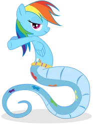 Size: 1300x1750 | Tagged: artist:elsdrake, bedroom eyes, derpibooru import, lamia, original species, rainbow coils, rainbow dash, safe, simple background, snake, solo, species swap, transparent background, vector