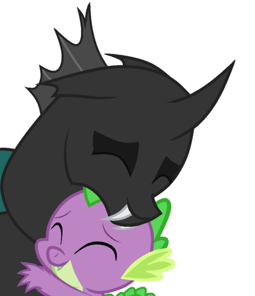 Size: 862x1000 | Tagged: artist:unbiased philosopher, changeling, cute, derpibooru import, eyes closed, floppy ears, hug, safe, simple background, smiling, spike, the times they are a changeling, thorax, transparent background, vector, vector trace