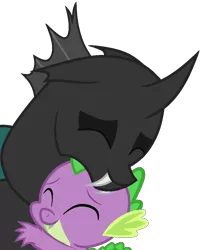 Size: 862x1000 | Tagged: artist:unbiased philosopher, changeling, cute, derpibooru import, eyes closed, floppy ears, hug, safe, simple background, smiling, spike, the times they are a changeling, thorax, transparent background, vector, vector trace