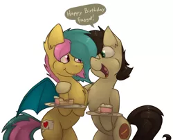 Size: 2461x1991 | Tagged: safe, artist:marsminer, derpibooru import, oc, oc:keith, oc:phyra, unofficial characters only, bat pony, pony, birthday, cake, food, pot calling the kettle black