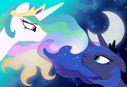 Size: 1490x1020 | Tagged: safe, artist:heiwa98, derpibooru import, princess celestia, princess luna, floppy ears, frown, glare