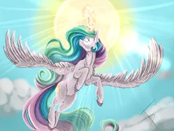 Size: 1800x1350 | Tagged: artist:fullmoondagger, chest fluff, crepuscular rays, derpibooru import, ear fluff, fluffy, flying, glowing eyes, magic, princess celestia, safe, solo, sun, unshorn fetlocks