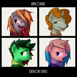 Size: 1600x1600 | Tagged: safe, artist:timidwithapen, derpibooru import, oc, oc:chazmazda, oc:drawalot, unofficial characters only, pony, unicorn, album cover, clothes, demon days, gorillaz, ponified album cover