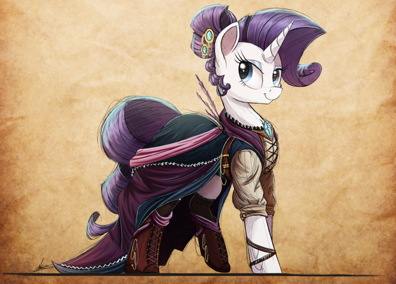 Size: 2000x1433 | Tagged: safe, artist:ncmares, derpibooru import, rarity, pony, unicorn, alternate hairstyle, bedroom eyes, boots, bracelet, clothes, dress, eyeshadow, female, jewelry, looking at you, majestic, makeup, mare, raised leg, smiling, solo, steampunk, style emulation