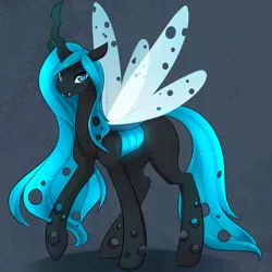 Size: 1050x1050 | Tagged: artist:duskyamore, blue changeling, changeling, changeling queen, changeling queen oc, derpibooru import, female, oc, oc:queen fylifa, safe, simple background, solo, unofficial characters only