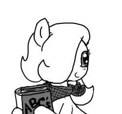 Size: 640x600 | Tagged: safe, artist:ficficponyfic, derpibooru import, oc, oc:emerald jewel, unofficial characters only, earth pony, pony, colt quest, abc, bandana, book, child, colt, cute, hair over one eye, happy, male, monochrome, smiling, story included