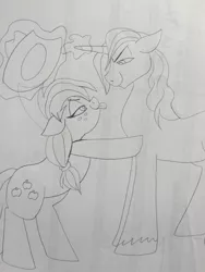 Size: 1224x1632 | Tagged: safe, artist:zee-stitch, derpibooru import, applejack, prince blueblood, bluejack, female, flirting, magic, male, monochrome, shipping, sketch, straight, tongue out, traditional art