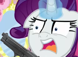 Size: 810x594 | Tagged: safe, derpibooru import, edit, edited screencap, screencap, rarity, pony, unicorn, angry, beretta, bust, delet this, faic, female, floppy ears, frown, glare, glowing horn, gun, handgun, levitation, magic, mare, open mouth, pistol, portrait, solo, telekinesis, weapon, wide eyes