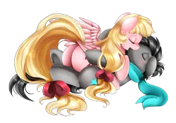 Size: 2334x1643 | Tagged: artist:pridark, blushing, clothes, cuddling, derpibooru import, female, kissing, male, oc, oc:dream whisper, oc:sparks, oc x oc, on back, plot, ribbon, safe, scarf, shipping, simple background, snuggling, straight, transparent background, unofficial characters only