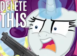 Size: 810x594 | Tagged: safe, derpibooru import, edit, edited screencap, screencap, rarity, angry, beretta, caption, delet this, exploitable meme, gun, handgun, image macro, magic, meme, pistol, reaction image, solo, telekinesis, text, weapon