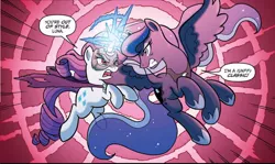 Size: 1076x640 | Tagged: safe, artist:tonyfleecs, derpibooru import, idw, princess luna, rarity, alicorn, pony, unicorn, ponies of dark water, spoiler:comic, spoiler:comic44, comic, cropped, doctor doomity, duo, ethereal mane, female, fight, mare, mask, official comic, red background, simple background, speech bubble, starry mane