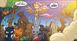 Size: 979x525 | Tagged: safe, artist:tonyfleecs, derpibooru import, idw, fluttershy, bear, bird, cat, deer, pegasus, pony, rabbit, raccoon, squirrel, tortoise, turtle, ponies of dark water, spoiler:comic, spoiler:comic44, animal, cropped, drums, evil, female, infected, mare, musical instrument, official comic, poison ivyshy, red eyes, red eyes take warning, spear, speech bubble, spread wings, stag, weapon, wings, you know for kids