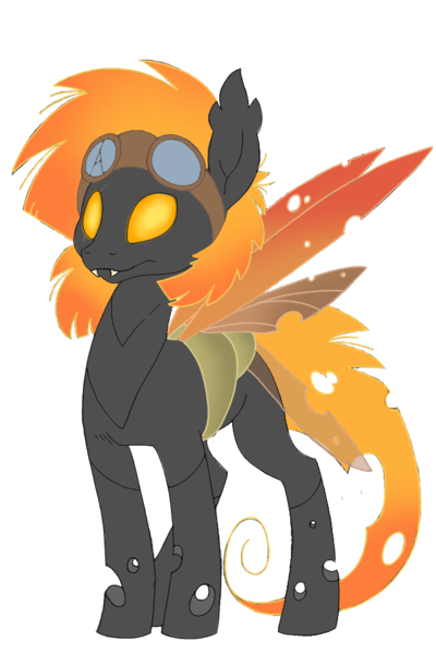 Size: 640x960 | Tagged: 2018 community collab, artist:divergentassailant, artist:ponyponyena, changeling, derpibooru community collaboration, derpibooru import, fangs, goggles, oc, oc:fallenleaf, orange changeling, safe, scar, simple background, solo, transparent background, unofficial characters only