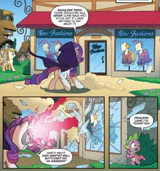 Size: 962x1028 | Tagged: safe, artist:tonyfleecs, derpibooru import, idw, rarity, spike, dragon, pegasus, pony, unicorn, ponies of dark water, spoiler:comic, spoiler:comic44, blast, cloak, clothes, comic, cropped, doctor doomity, female, magic, magic beam, magic blast, male, mare, mask, official comic, speech bubble, store, vandalism