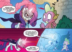 Size: 1074x782 | Tagged: safe, artist:tonyfleecs, derpibooru import, idw, princess luna, rarity, spike, alicorn, dragon, pony, unicorn, ponies of dark water, spoiler:comic, spoiler:comic44, angry, cape, clothes, comic, cropped, doctor doomity, female, force field, furious, magic beam, male, mare, mask, official comic, smoke, smoking horn, speech bubble