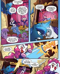 Size: 938x1156 | Tagged: safe, artist:tonyfleecs, derpibooru import, idw, pinkie pie, princess luna, rarity, spike, alicorn, dragon, earth pony, pony, unicorn, ponies of dark water, spoiler:comic, spoiler:comic44, cannon, cape, cloak, clothes, comic, doctor doomity, ethereal mane, female, hood, male, mare, official comic, pinkie joker, speech bubble, starry mane, theater