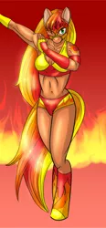 Size: 800x1717 | Tagged: anthro, anthro oc, armpits, artist:jengaleia, belly button, boots, breasts, cleavage, clothes, dab, derpibooru import, female, fire, mask, midriff, oc, oc:blaze firestorm, safe, solo, sports bra, tattoo, unofficial characters only, wrestler, wrestling