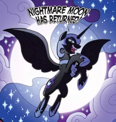 Size: 1221x1283 | Tagged: safe, artist:tonyfleecs, derpibooru import, idw, nightmare moon, alicorn, pony, ponies of dark water, spoiler:comic, spoiler:comic44, cropped, equestria is doomed, ethereal mane, female, flying, full moon, helmet, hoof shoes, mare, moon, official comic, peytral, solo, speech bubble, spread wings, starry mane, wings, xk-class end-of-the-world scenario