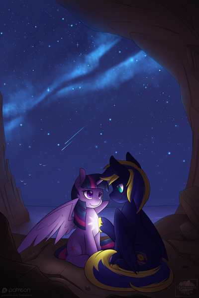 Size: 720x1080 | Tagged: safe, artist:skyheavens, derpibooru import, twilight sparkle, twilight sparkle (alicorn), oc, oc:zephyr, alicorn, pony, canon x oc, cave, female, looking at each other, male, night, shipping, shooting star, smiling, spread wings, stars, straight, twiphyr, water