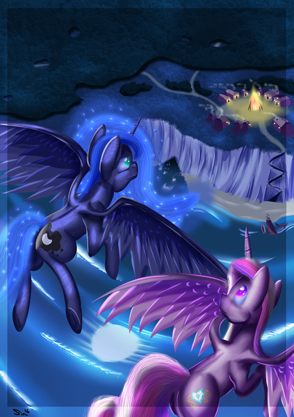 Size: 1083x1536 | Tagged: artist:sintakhra, bonfire, cliff, derpibooru import, fanfic art, fanfic cover, flying, princess cadance, princess luna, safe, village, water