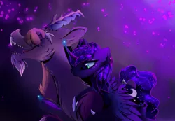 Size: 3960x2745 | Tagged: safe, artist:magnaluna, derpibooru import, discord, princess luna, bedroom eyes, cuddling, curved horn, eyes closed, facepalm, female, floppy ears, fluffy, hug, lunacord, male, nom, open mouth, shipping, smiling, snuggling, spread wings, straight, tickling